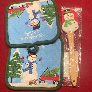 Holiday Snowman Pot Holder and Spatula Set - Blue & Green